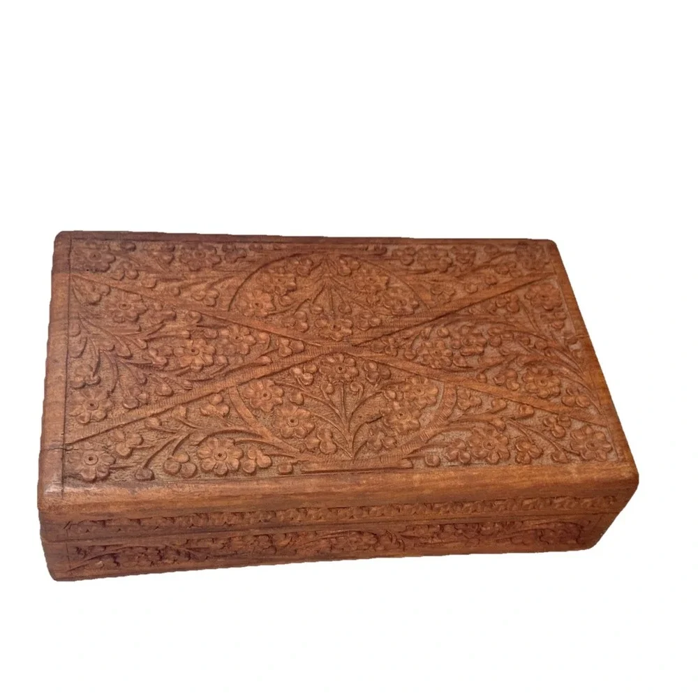 Vintage India Hand Carved‎ Handmade Wood Box Jewelry Trinket Floral Flowers Blue